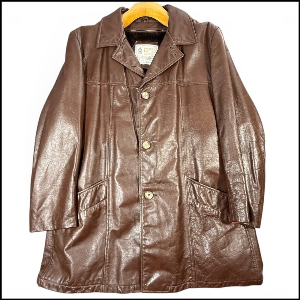 Vintage London Fog Leather Coat Men 46 Long XL Tall USA Made Zip Lined Brown Mob